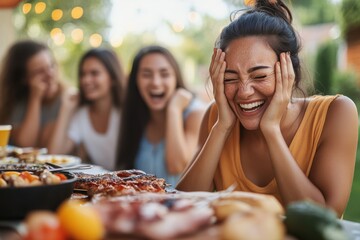 Joyful gathering of friends sharing laughter and delicious food in a cozy outdoor setting during a sunny afternoon