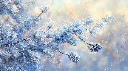 Frosty pine branches with serene snowy landscape against blurred winter background with copy space. Crystaline. Illustration