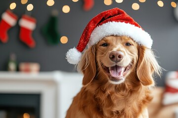 Merry moments captured with a joyful dog wearing a festive Santa hat in a cozy holiday setting