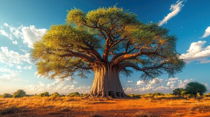 Obraz premium Majestic baobab tree at sunset in African savanna.