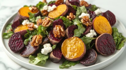 Roasted beet salad with goat cheese and candied walnuts