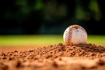 Baseball resting on the mound at twilight, capturing the beauty of America's favorite pastime