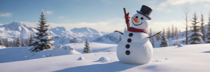 Fototapeta premium Happy snowman standing on a snow-covered hill, winter scenery, snow-covered hill, frozen ground