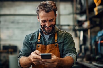 Craftsman enjoying a moment of joy while checking his smartphone in a workshop setting during afternoon hours
