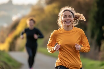 Joyful runners embrace the morning sun on a scenic trail through lush greenery