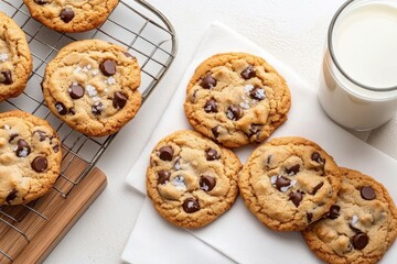 Deliciously baked chocolate chip cookies with a glass of milk on a cozy white background