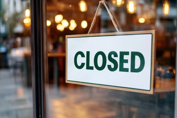 Sign announcing closure of a cozy restaurant with warm lighting during evening hours