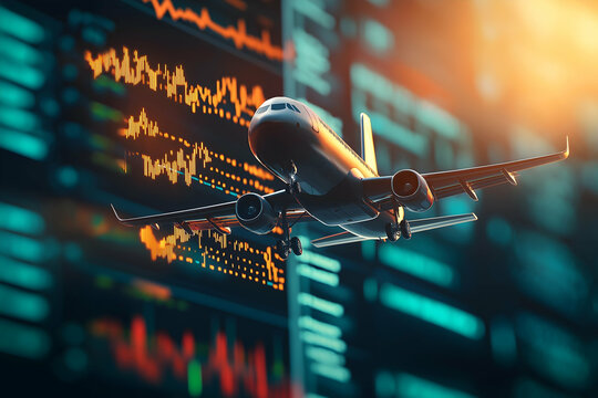 A digital image of an airplane flying over a backdrop of colorful financial data visualizations and graphs, symbolizing the intersection of aviation and technology.