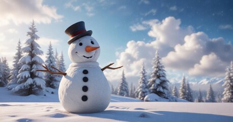 Obraz premium happy snowman in winter wonderland with fluffy clouds and snowflakes, winter scenery, snowflakes