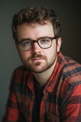 Obraz premium Close-up portrait; man, glasses, plaid shirt, beard.