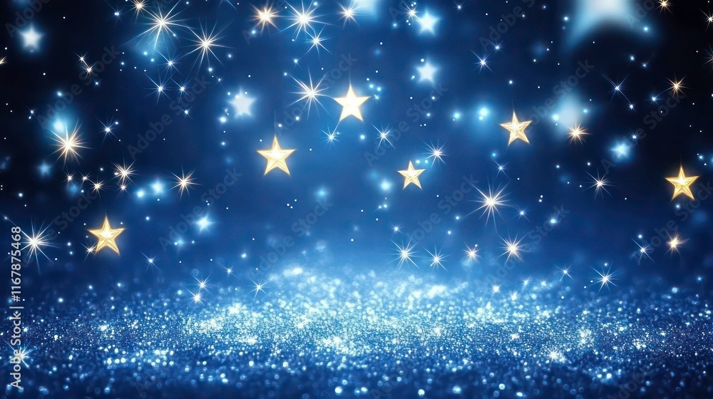 Poster stars trailing off into a gradient of blue, blending with tiny light bursts