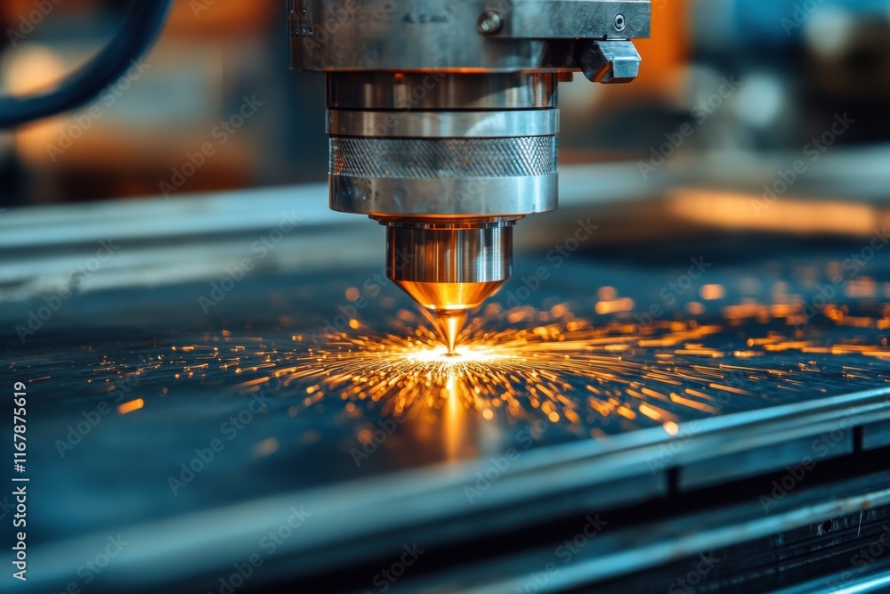 Poster a laser cutter operates in a workshop, producing sparks while shaping metal sheets with precision. g