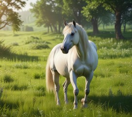 Fototapeta premium Majestic unicorn mare grazing in lush green meadow, horse, serene, animal