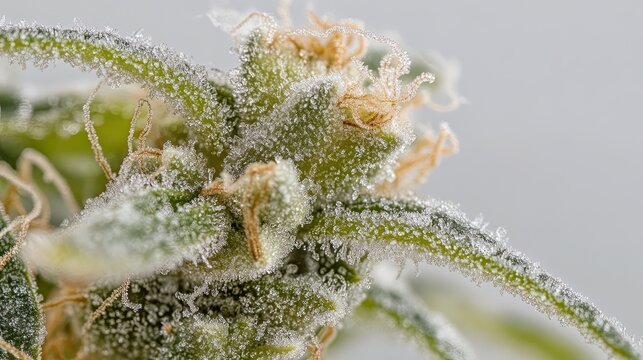 Close-up of cannabis bud, trichomes visible, neutral background, medical research.