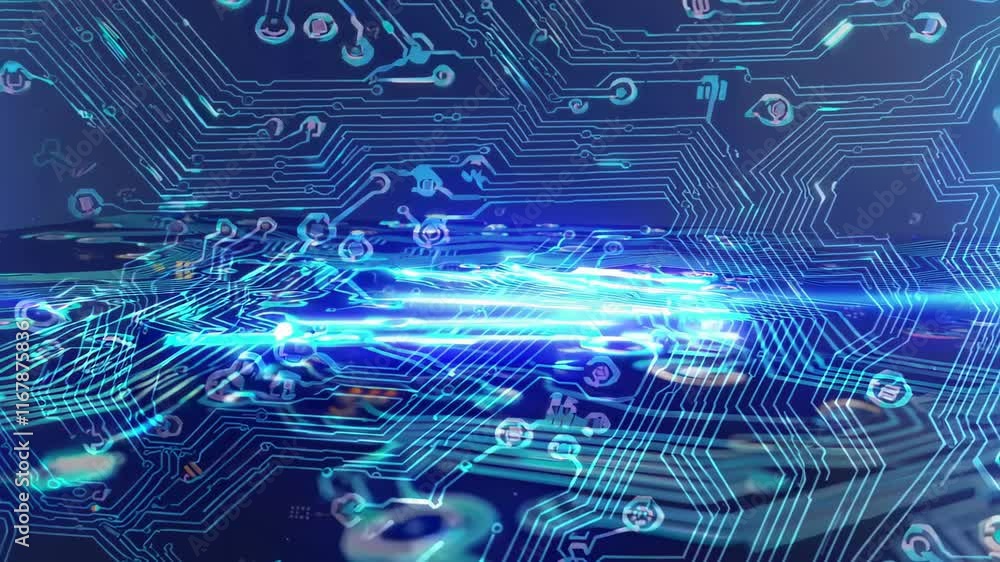 Poster a futuristic circuit design with a blue light flare and hexagonal patterns, symbolizing innovation a