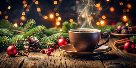 Obraz premium A festive holiday drink warms in a vintage black coffee cup.