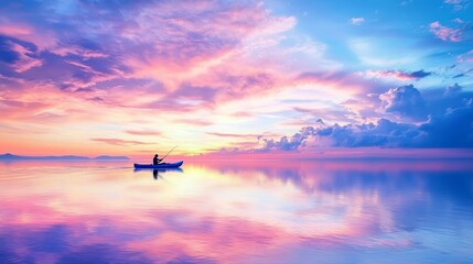 Fototapeta premium Serene Silhouette of Person Fishing from Kayak at Vibrant Sunset, Reflecting Tranquility and Solitude on Water.