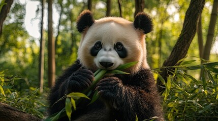 Panda eating bamboo in a lush forest habitat; wildlife conservation.