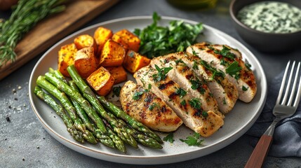 Grilled chicken breast with roasted sweet potatoes and asparagus.