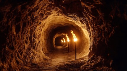 Dimly lit cave tunnel with torches illuminating path.