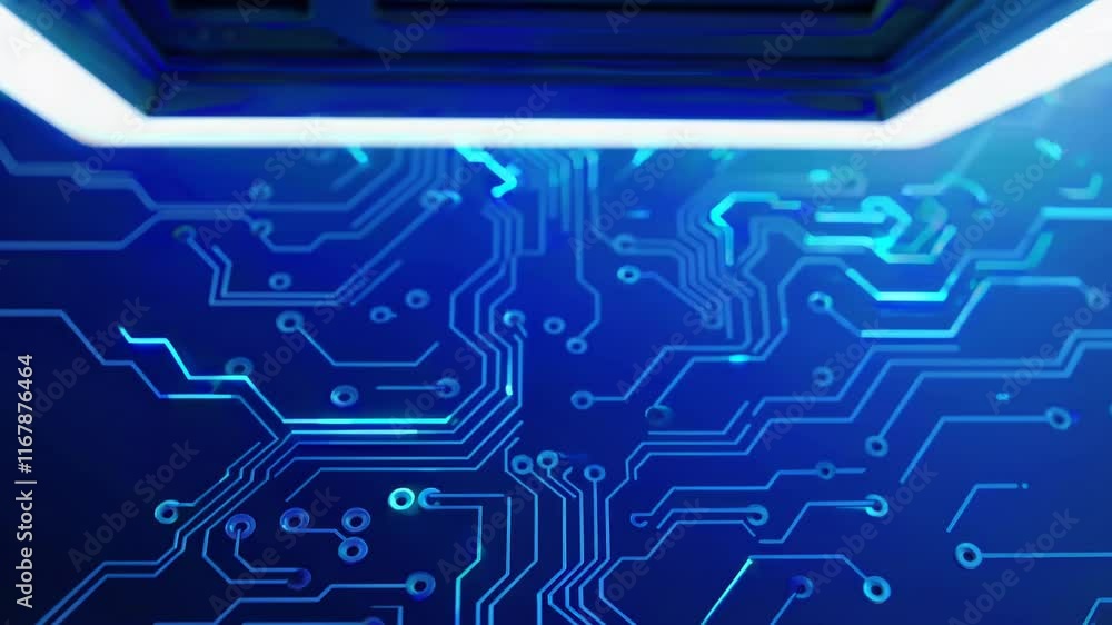 Poster a futuristic circuit design with a blue light flare and hexagonal patterns, symbolizing innovation a
