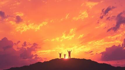 Serene Family Silhouette Enjoying Vibrant Sunset on Hilltop | Peaceful Moment of Togetherness and Joyful Connection