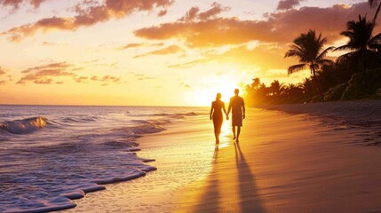 Fototapeta premium Serene Sunset Stroll: Silhouette of Couple Walking Hand in Hand on Sandy Beach with Gently Crashing Waves and Warm Glowing Sky