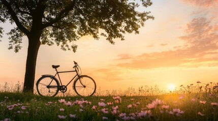 Obraz premium Serene Sunset: Silhouette of Bicycle Against Tree in Field of Wildflowers with Warm Glowing Sky