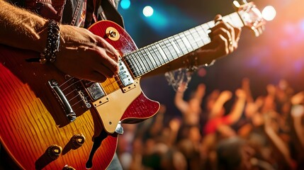 Obraz premium Musician Playing Electric Guitar On Stage Before Crowd