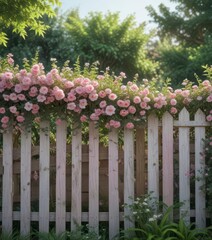Fototapeta premium Pastel pink floral banner draped over a wooden fence in a lush garden, banner, outdoor, garden