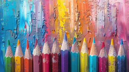 Colorful pencils on vibrant painted background.