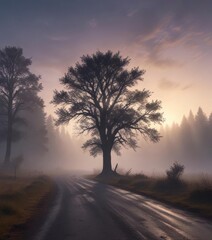 Mysterious fog swirling around a lone tree on a deserted forest road at dusk,  atmosphere,  isolation