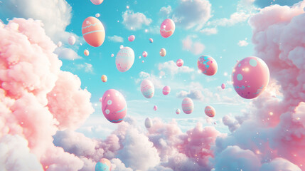 Fototapeta premium Dreamlike scene of vibrant Easter eggs soaring through soft clouds and a radiant blue sky