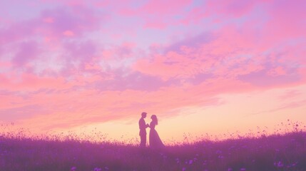 Fototapeta premium Romantic Silhouette of Couple Dancing in Sunset Field Surrounded by Wildflowers.