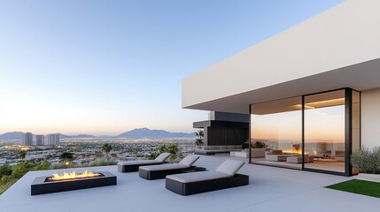 Modern outdoor terrace with fire pit and stunning city view.