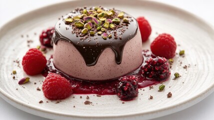 Raspberry mousse cake with chocolate glaze and pistachios