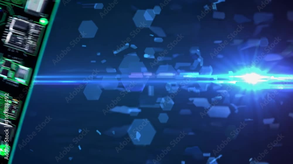 Poster a futuristic circuit design with a blue light flare and hexagonal patterns, symbolizing innovation a