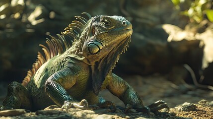 Fototapeta premium Green iguana basking, rocky habitat, sunlit forest. Wildlife photography for nature documentaries.