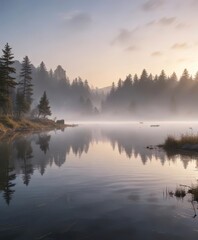 Fototapeta premium Soft white mist rises from a serene lake at dawn, serene lake, misty morning, natural scenery