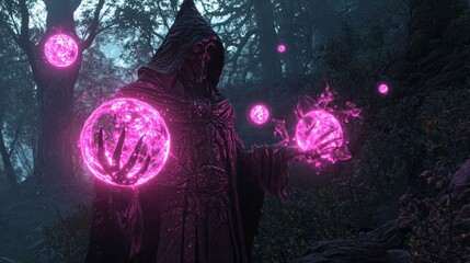 Obraz premium Twilight Sorcery - A Rogue Wizard Conjuring Shadows in Enchanted Forest 3D Render Digital Artwork