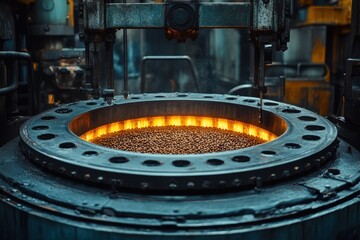 Hot metal pours into molds as machinery operates in a bustling factory environment. Generative AI