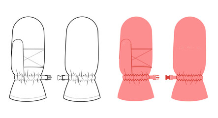 Snowboarding Gloves Mittens pink cartoon and flat sketch outline Fashion hand accessory clothing technical illustration garment. Vector front palm back view for Men, women unisex style template mockup
