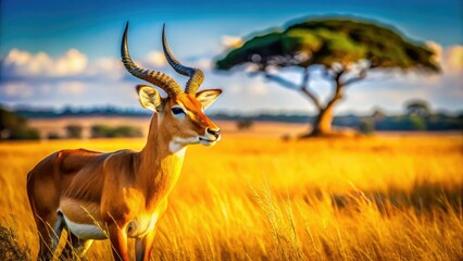 African savannah: a Ugandan kob antelope grazes in the veldt grass.