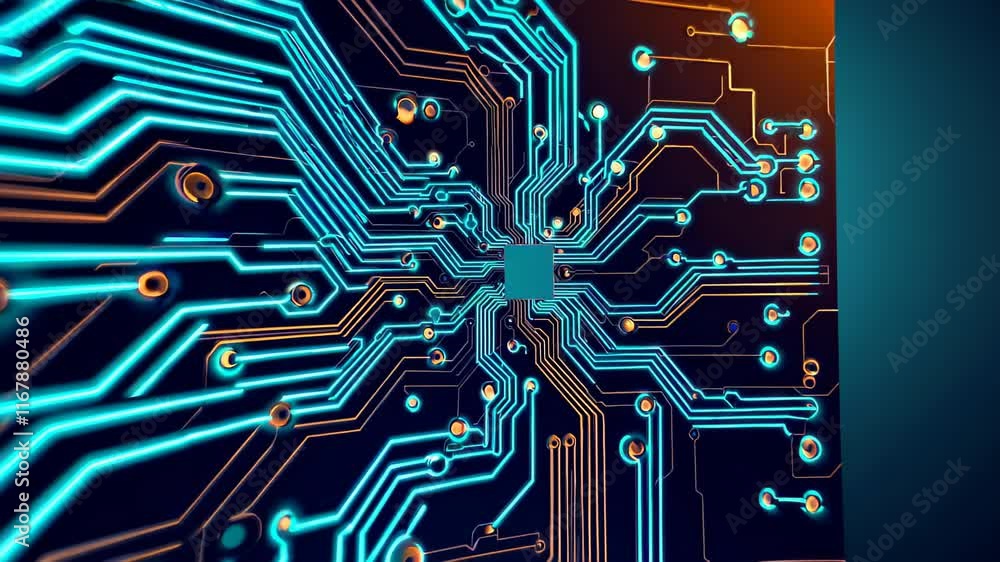 Poster circuit board with illuminated lines and components, showcasing intricate electronic design