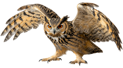 An owl with wings spread out, standing on a white background, looking at the camera, brown feathers, black stripes, orange eyes, ready for flight.