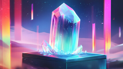 A luminous, crystalline form, perched atop a metallic platform, bathed in the ethereal glow of vibrant, neon streaks. Crystaline. Illustration