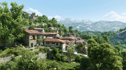 Fototapeta premium Enchanted Mountain Village Gathering - 3D Render Digital Artwork with Ultra-Detailed Charm and Adventurous Spirit