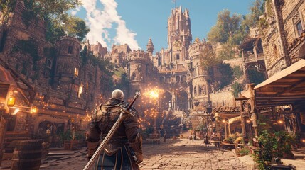 Epic Fantasy Cityscape with Dueling Knights - Vibrant 3D Rendered Scene of Action and Adventure