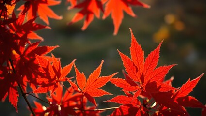 Vibrant Red Maple Leaves Illuminated By Sunlight