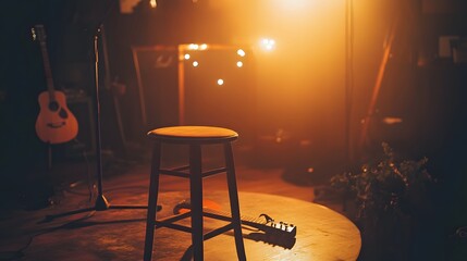 Empty stool on stage with guitar and microphone